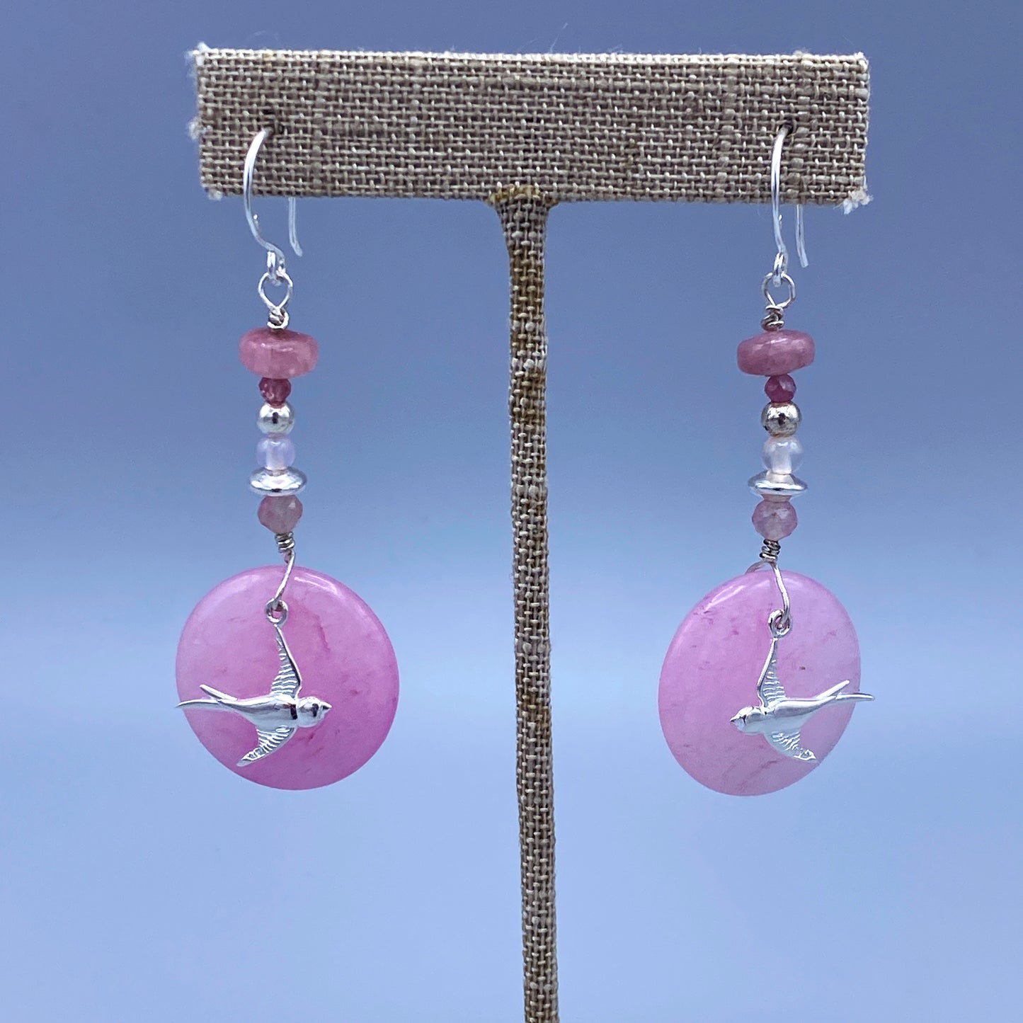 Pink Jade, Pink Tourmaline & Rose Quartz Gemstone Bird Earrings