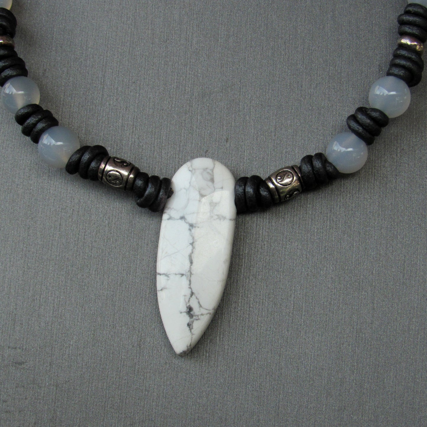 Howlite, White Agate gemstone with Sterling Silver Leather Necklace