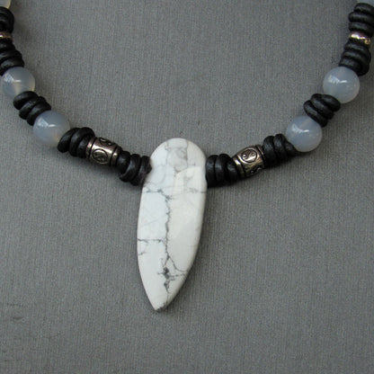 Howlite, White Agate gemstone with Sterling Silver Leather Necklace