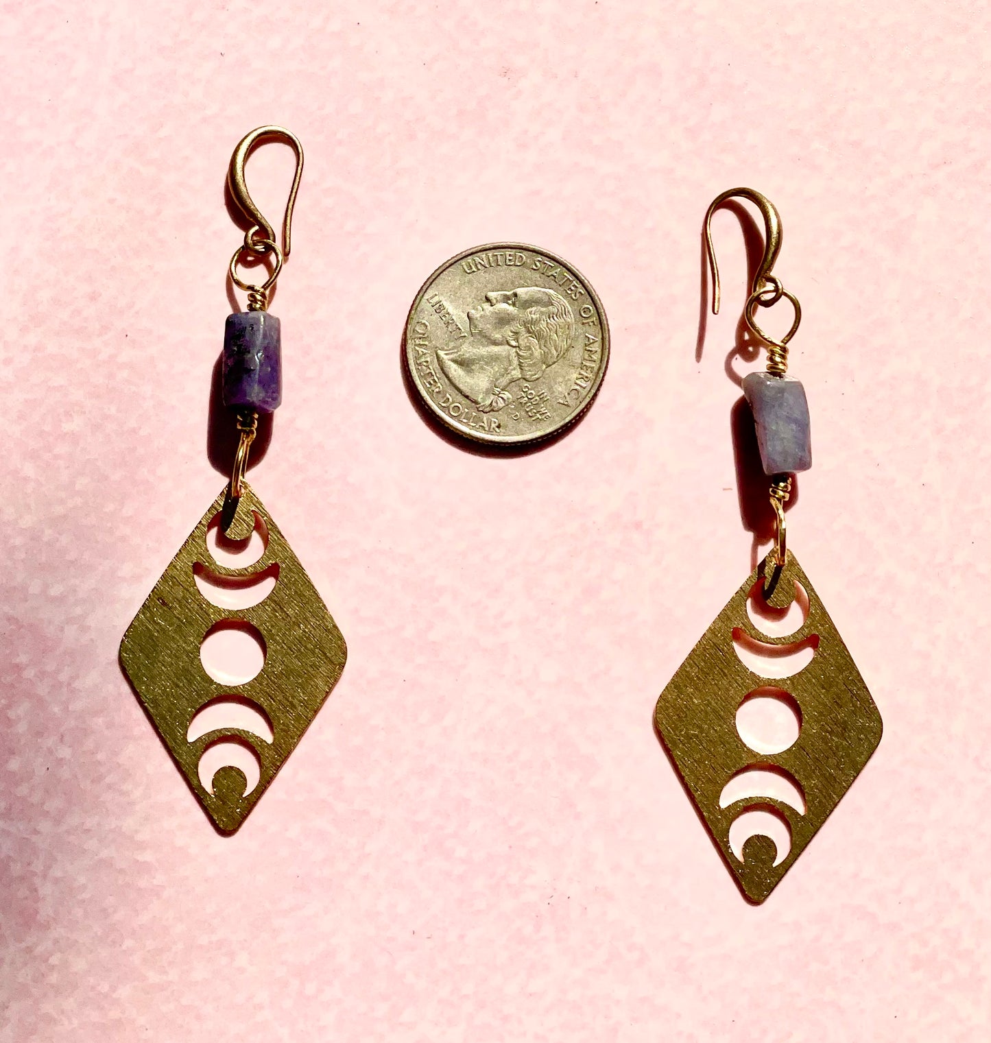 Tanzanite and Brass Moon Earrings