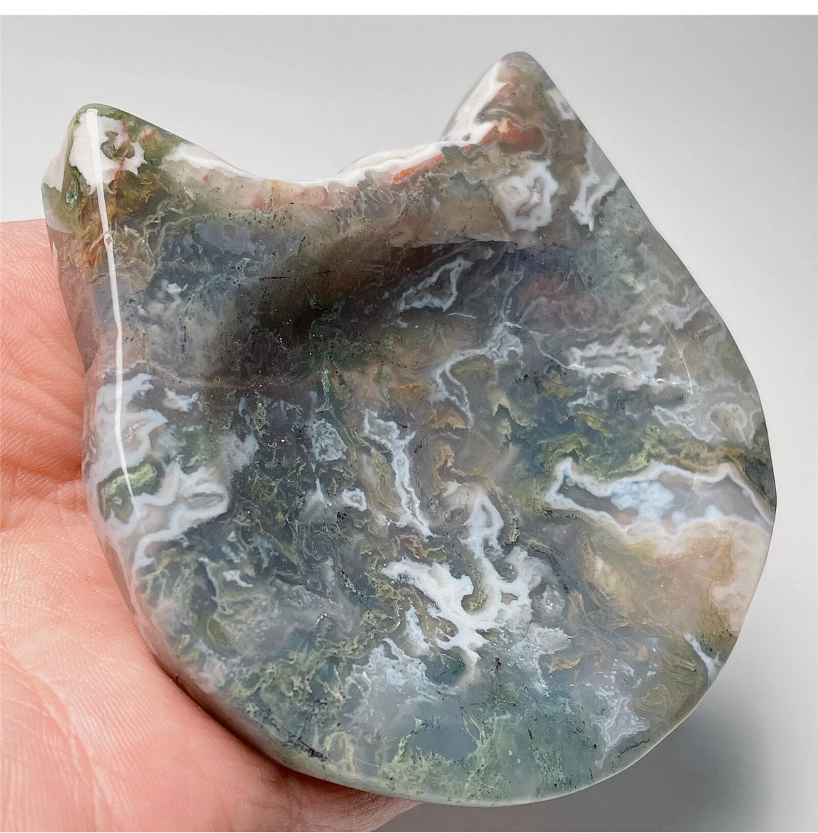 Natural Moss Agate Kitty Cat jewelry dish