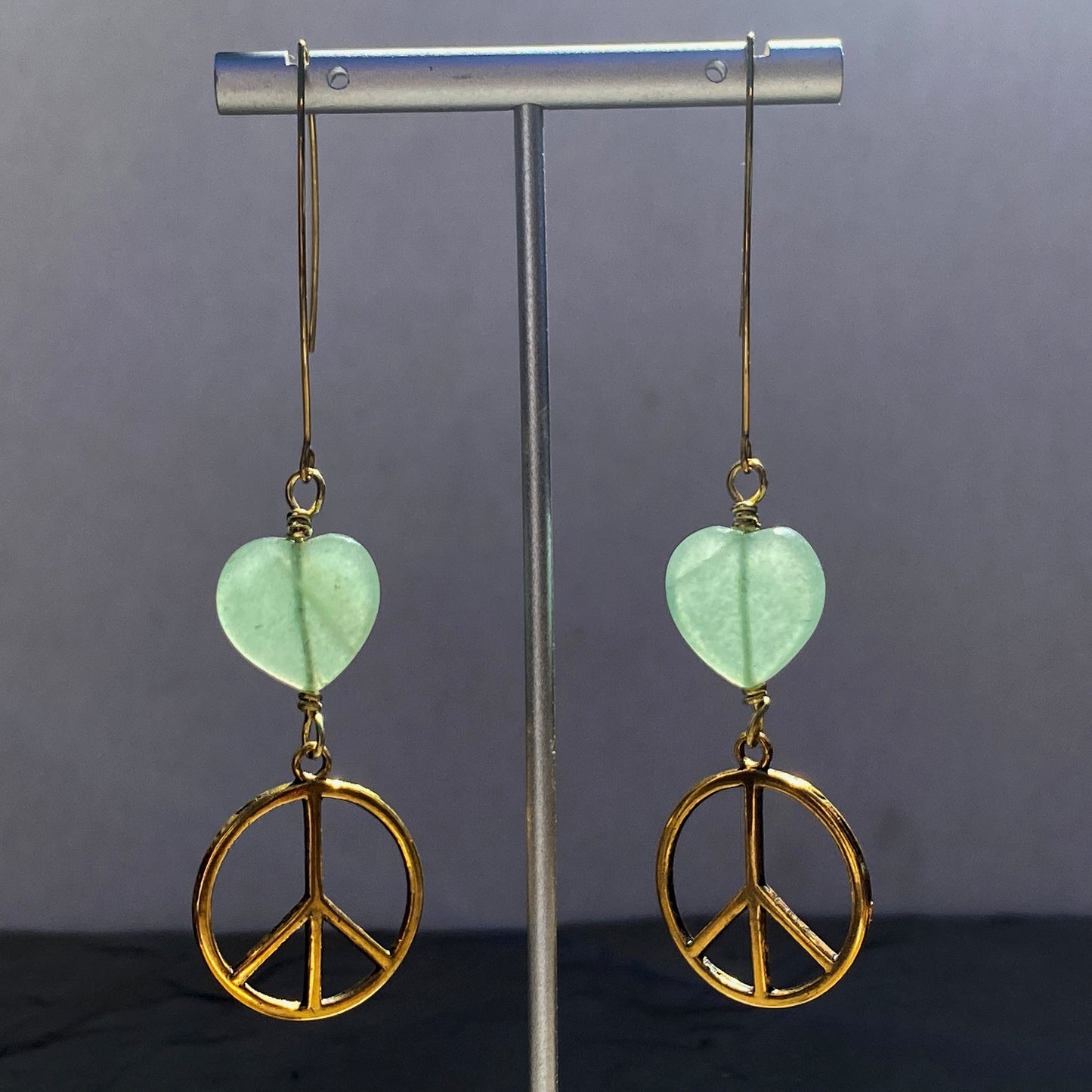 Brass Peace Sign and Green Aventurine gemstone heart earrings