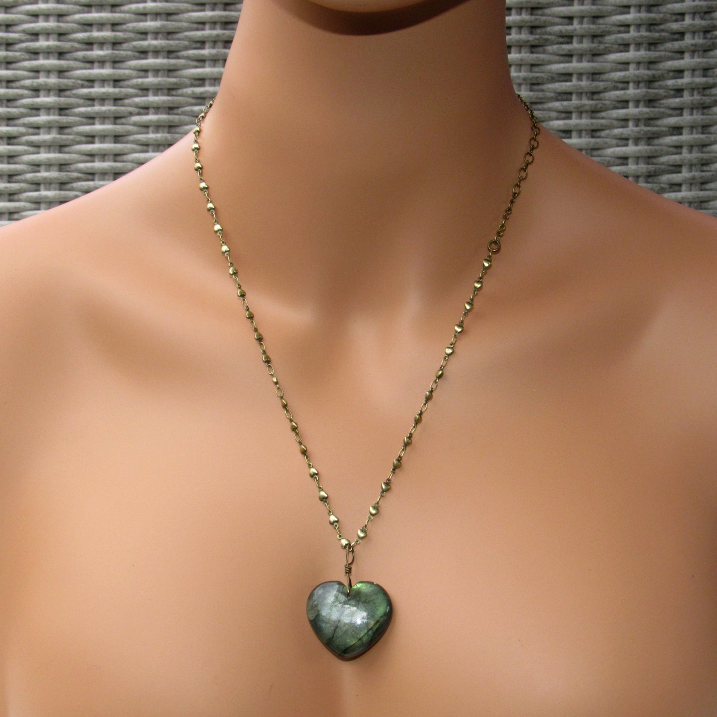 Labradorite gemstone Heart with Brass Heart Chain