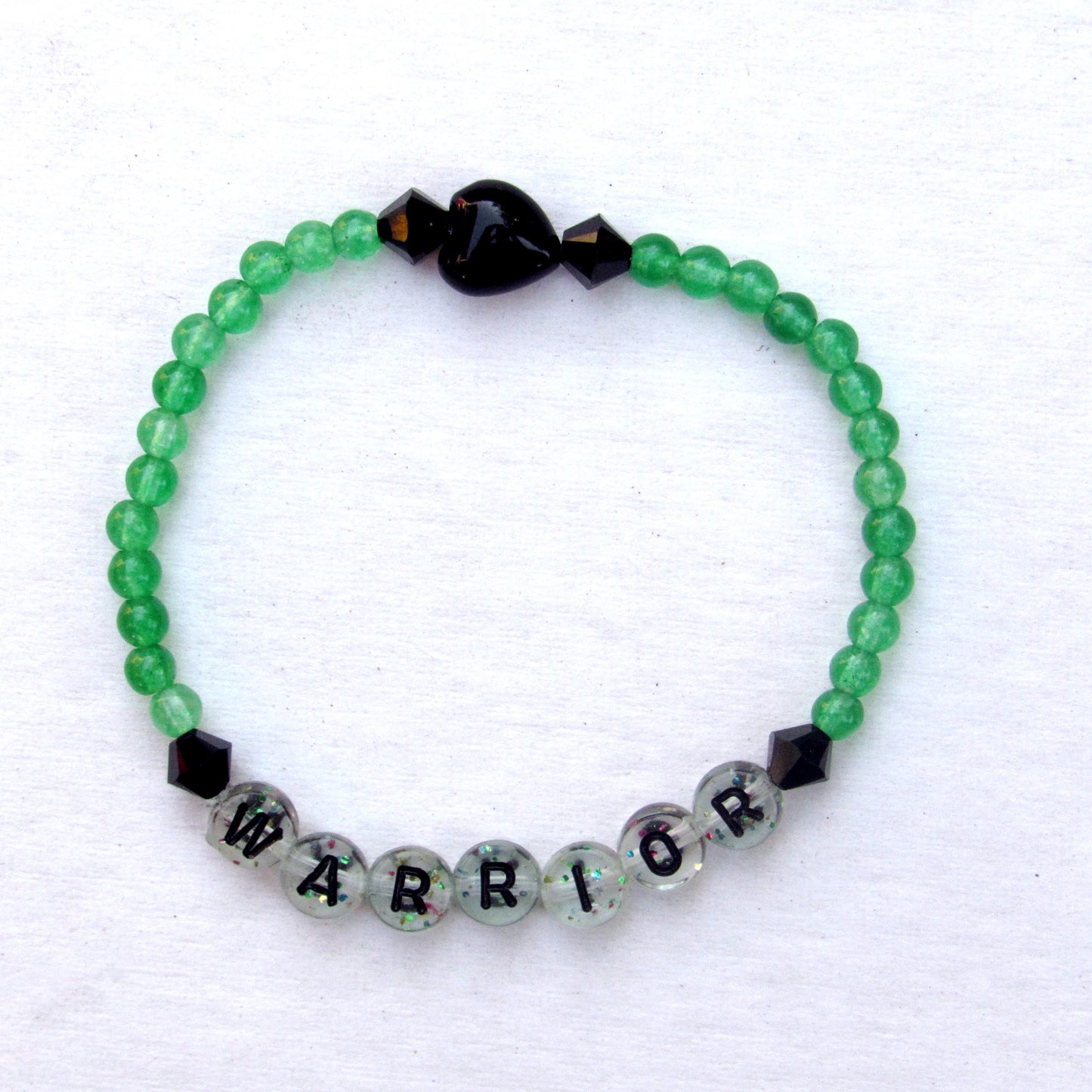 Green Agate, Black Swarovski Crystals,  and Onyx Heart Warrior Bracelet