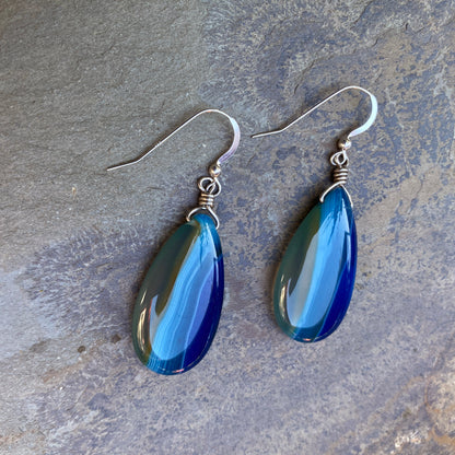 Blue Onyx Agate Tear Drop Shape and Sterling Silver Earrings