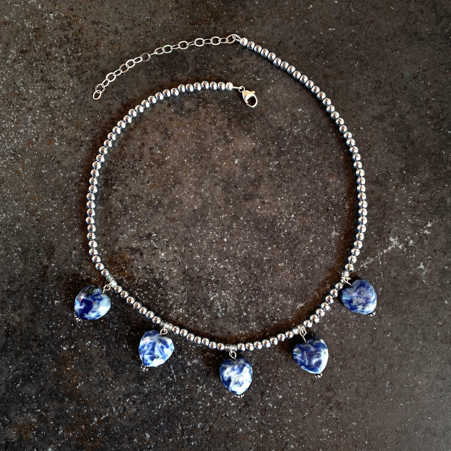 Sodalite heart, silver hematite beads, and sterling silver necklace