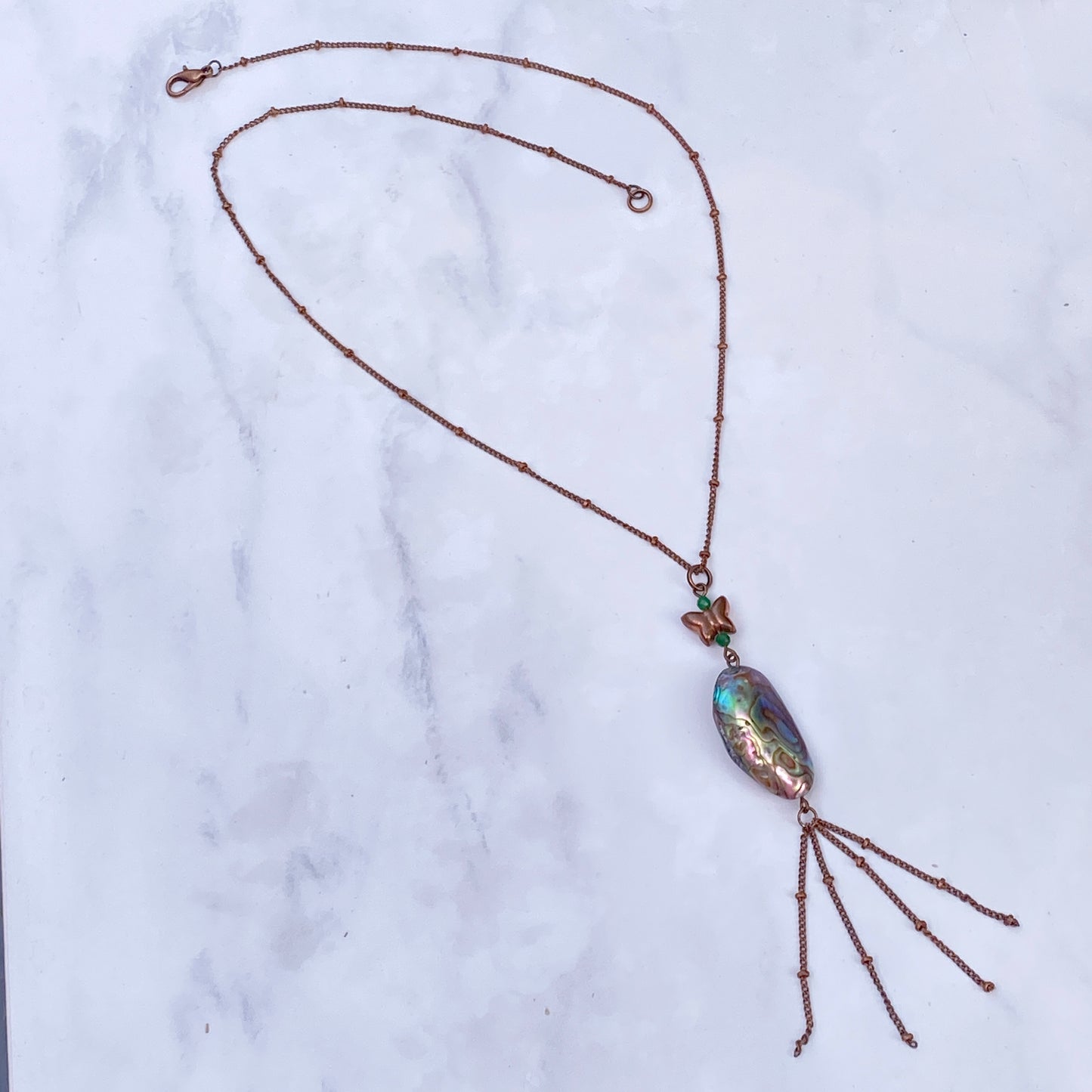 Green Onyx gemstone, Abalone shell, copper chain Necklace