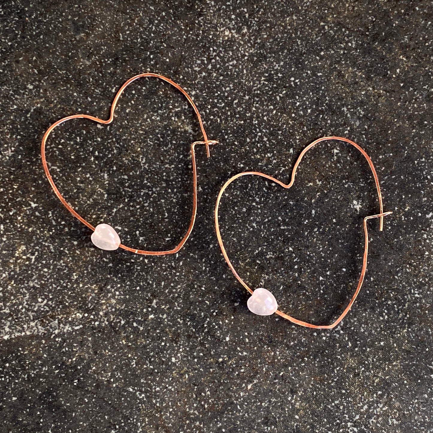 Rose Quartz Hearts on Copper Heart Hoop Earrings