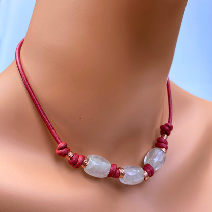 Quartz Gemstone and Copper on Red Leather Necklace