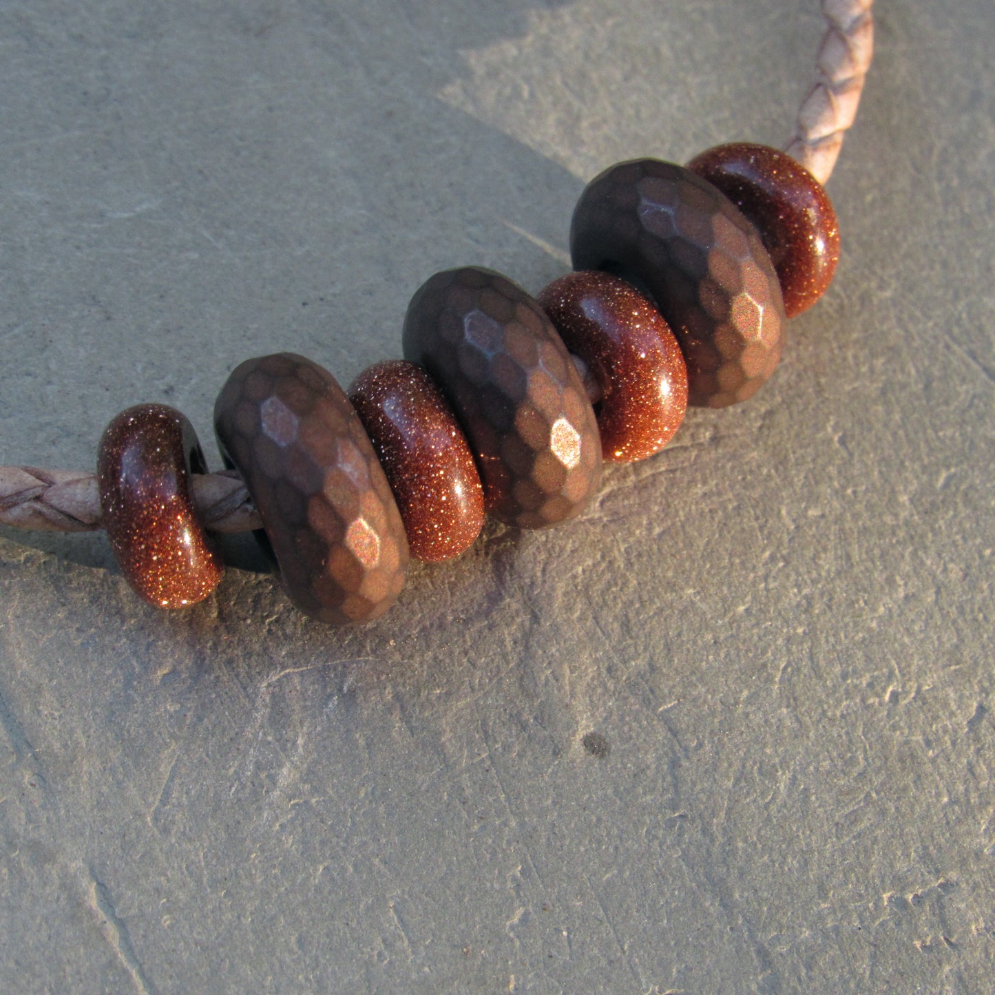 Men’s Copper, Hematite, Goldstone gemstones on genuine Leather clasp bracelet