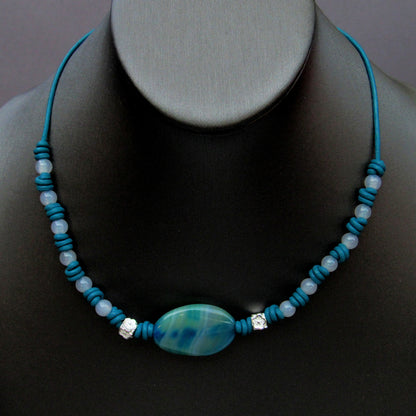 Blue band agate & White Agate gemstones hand knotted leather necklace