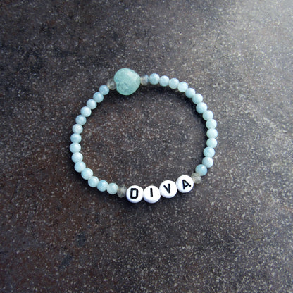 Aquamarine Gemstone and Labradorite “DIVA” Stretch Bracelet