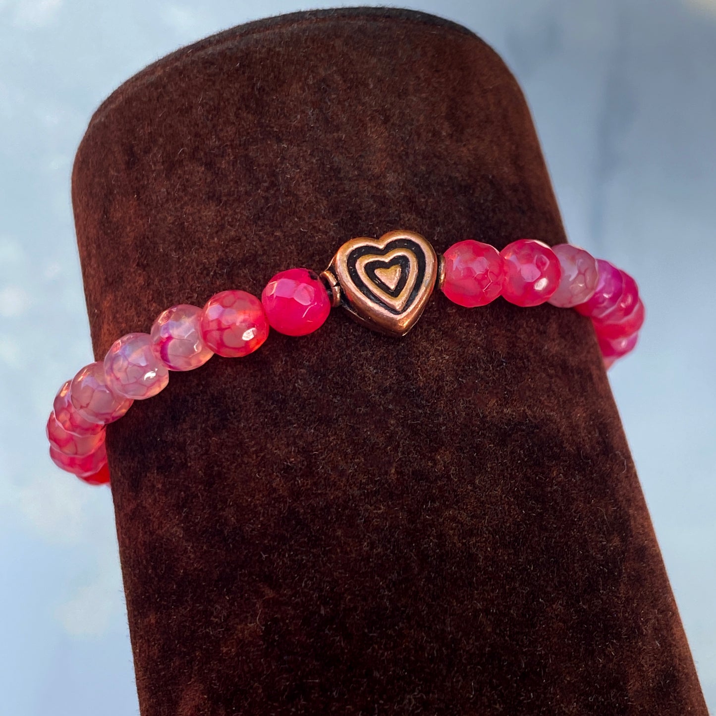 Pink agate and copper heart bracelet