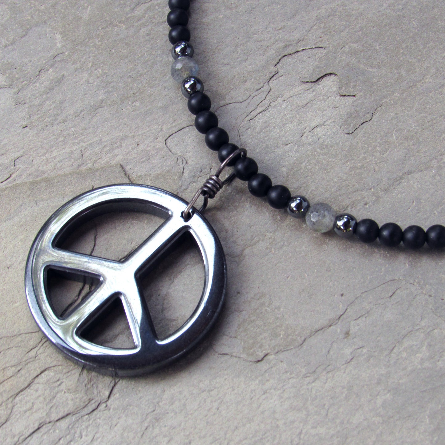 Hematite Peace Pendant, Hand Wrapped w/ Oxidized Sterling Silver, Matte Black Onyx, and Labradorite Men’s Necklace