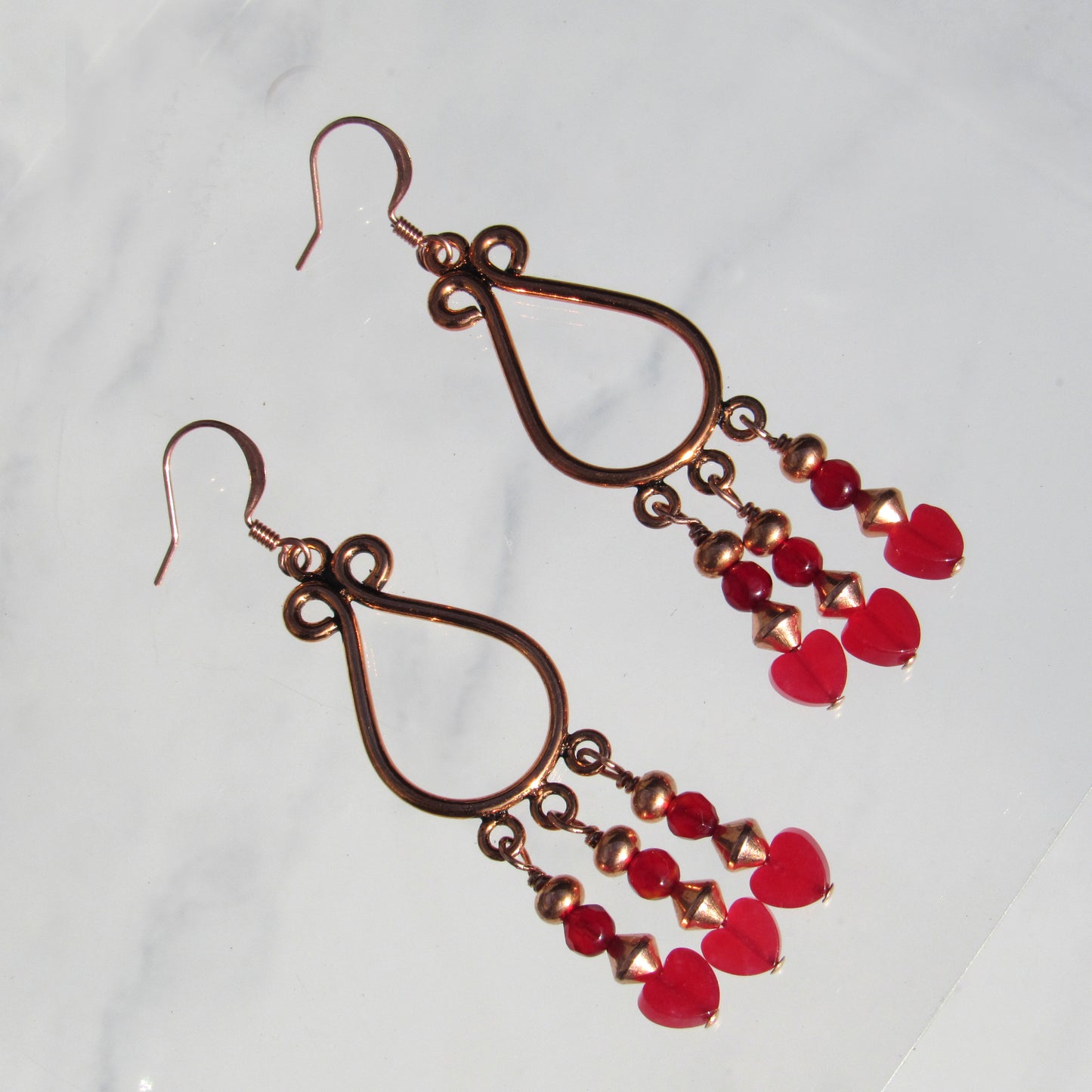 Jade gemstone hearts, Red agates, and copper chandelier earrings