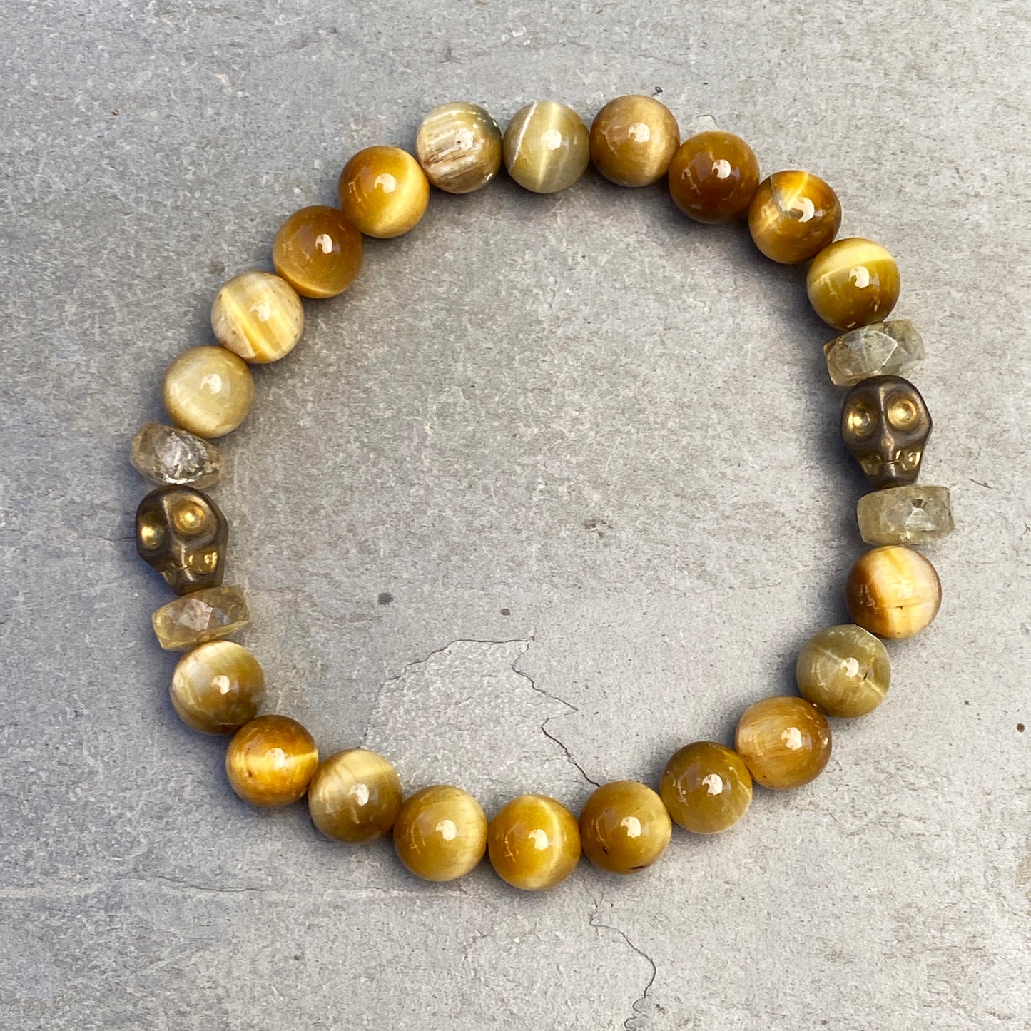 Men’s Tiger Eye, Citrine gemstone, and Hematite Skull Bracelet