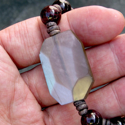 Garnet gemstone and silver moonstone leather bracelet