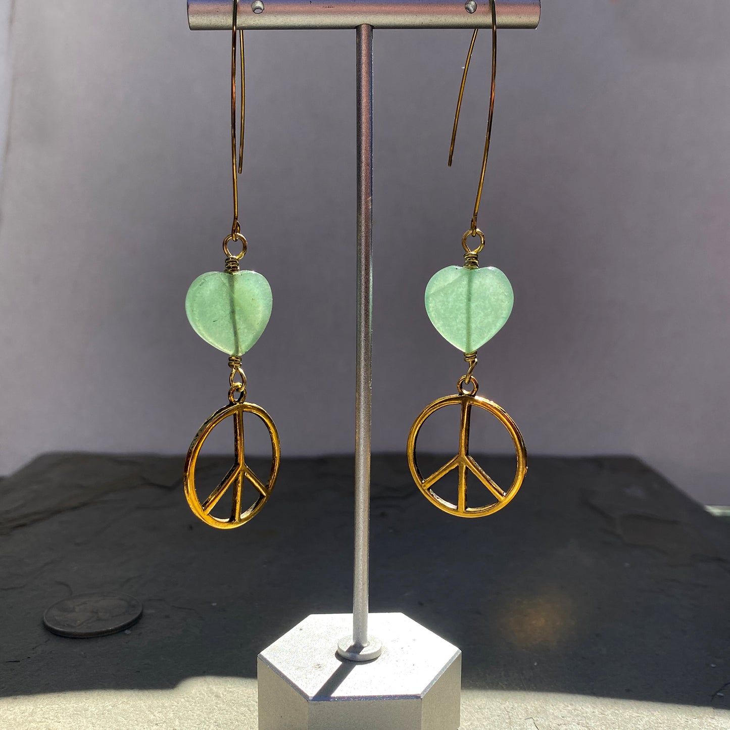 Brass Peace Sign and Green Aventurine gemstone heart earrings