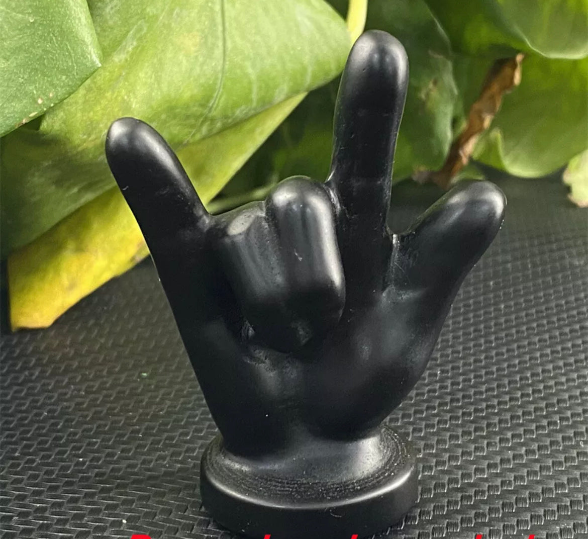 Natural Black Obsidian gemstone carved Rock and Roll Hand