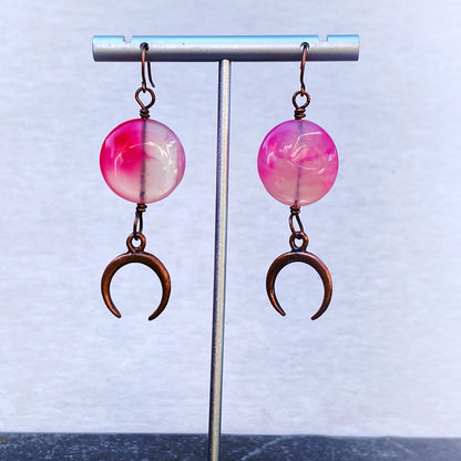 Pink agate gemstone wrapped copper Moon dangle earrings