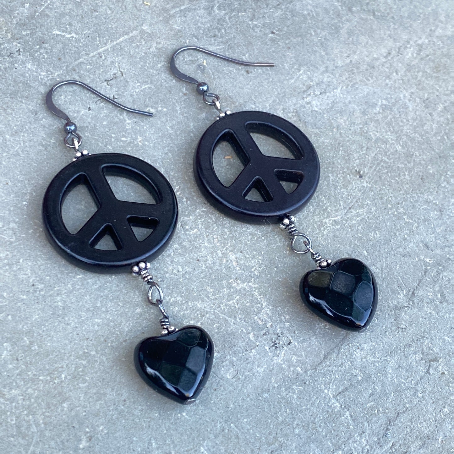 Black Onyx Faceted Hearts w/ Howlite Peace Signs and Sterling Silver Drop Earrings