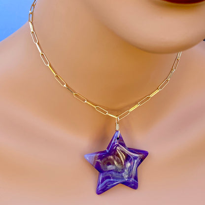 Purple Agate Star Pendant on 14 Kt gf Chain w/ Amethyst Gemstones