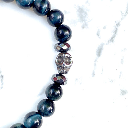 Blue Tiger Eye and Hematite Skull Stretch Bracelet