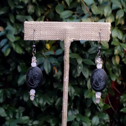 Women's Onyx Cameo, Labradorite and Moonstone, with oxidized sterling silver drop earrings