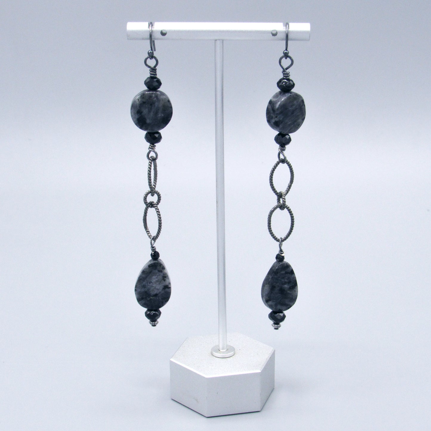 Larvikite, Black Spinel, Oxidized Sterling Silver Long Drop Earrings