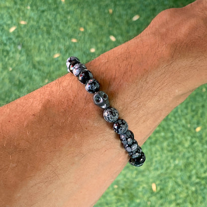 Snowflake Obsidian and Hematite Skull Bracelet