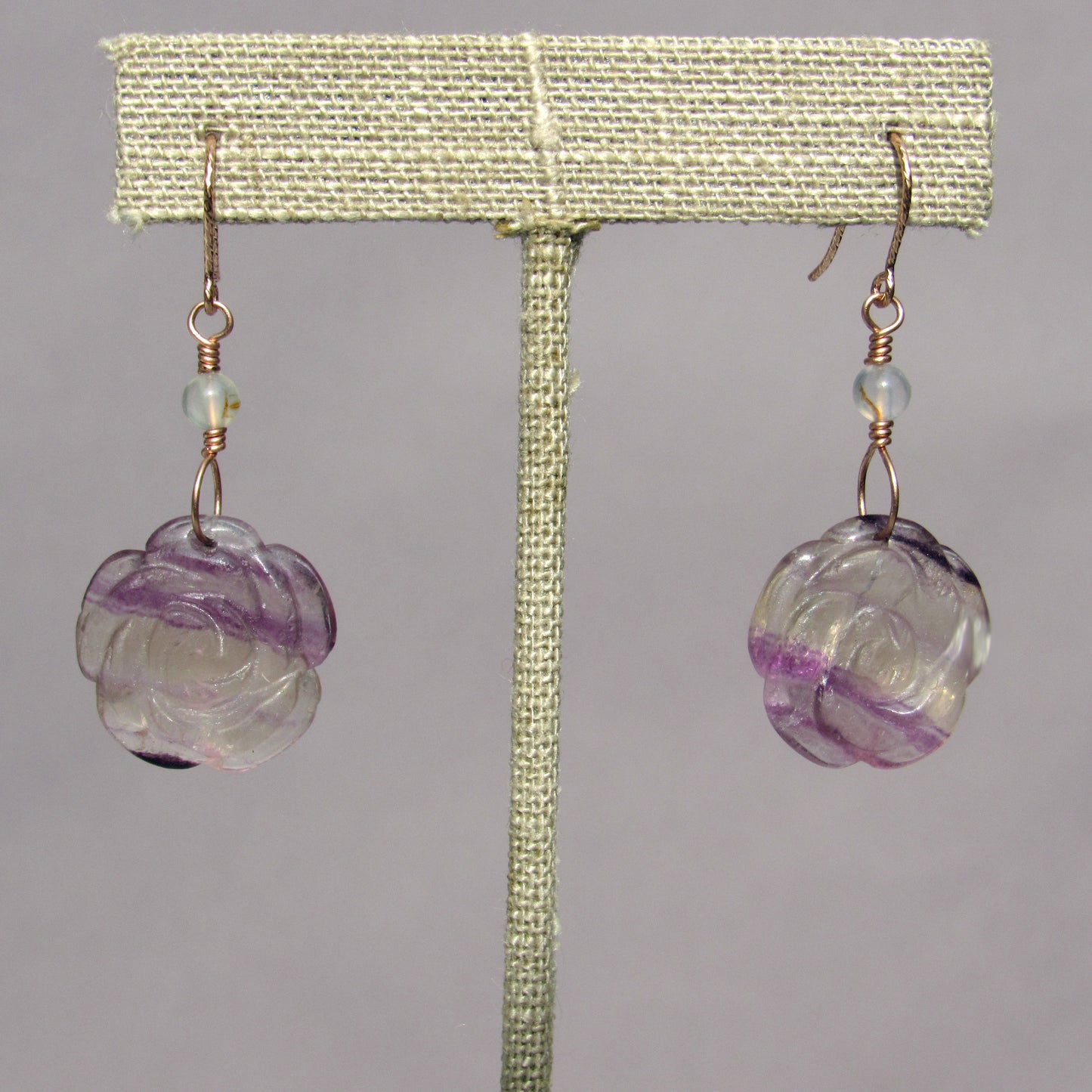 Fluorite Rose and White Agate Gemstone Drop Earrings