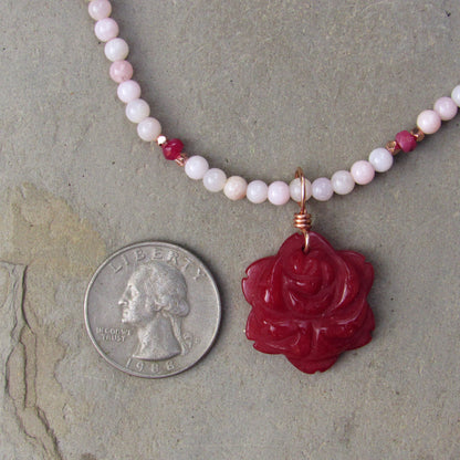 Red Agate Gemstone Flower w/ Pink Opals and Rubies and 14 kt Rose GF Necklace