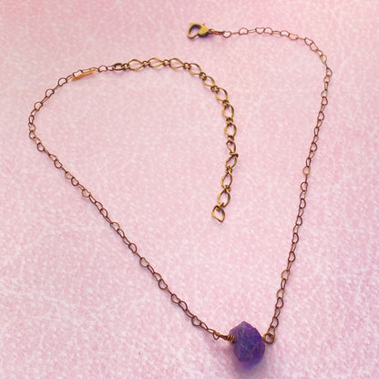 Raw Amethyst gemstone on Brass Heart Chain