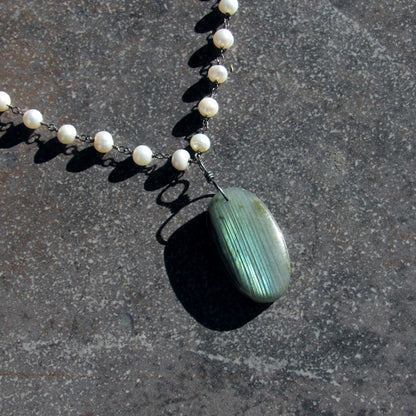 Freshwater Pearls, Oxidized Sterling Silver, and Fire Labradorite Necklace