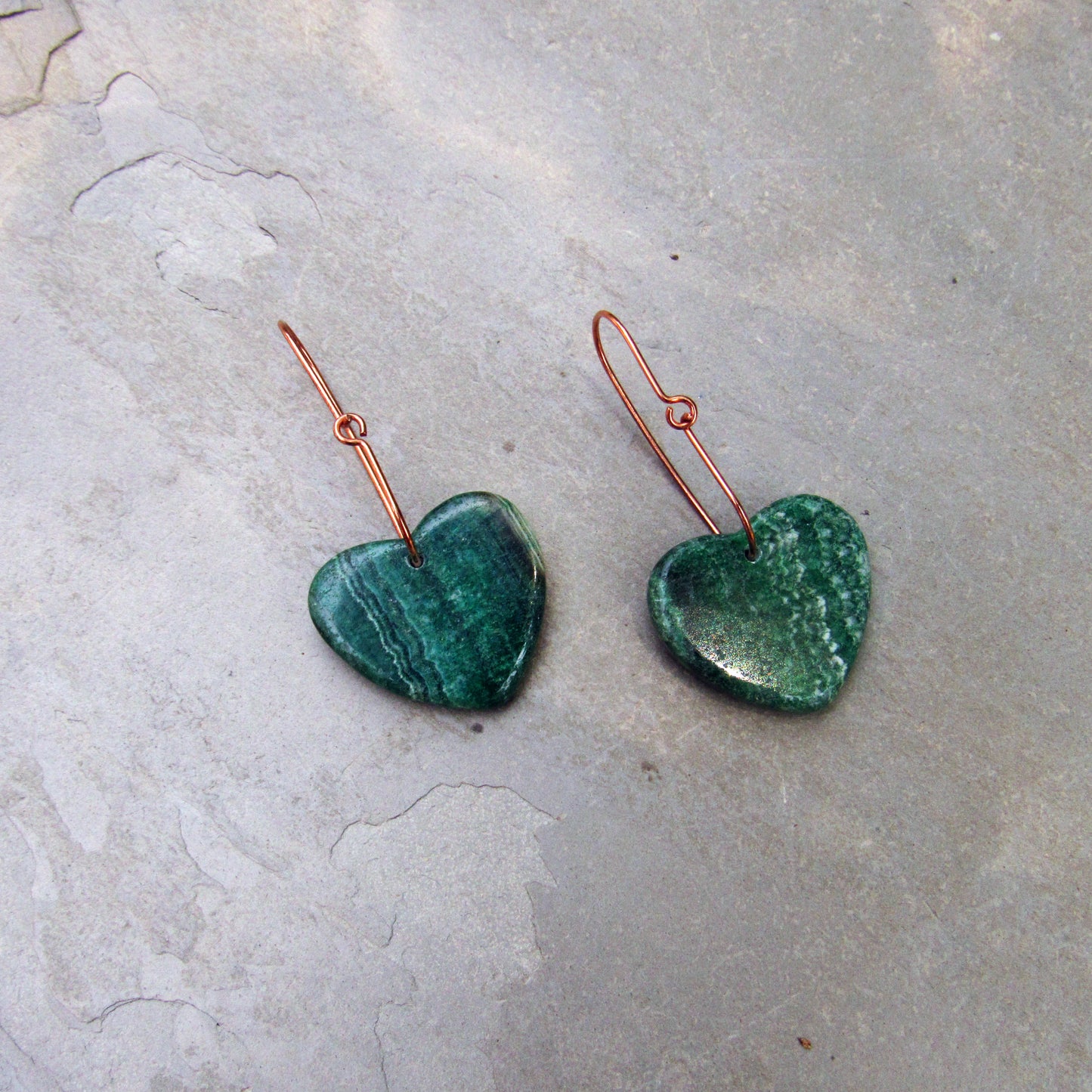 Copper wire with Green Rhodonite Gemstone Hearts earrings