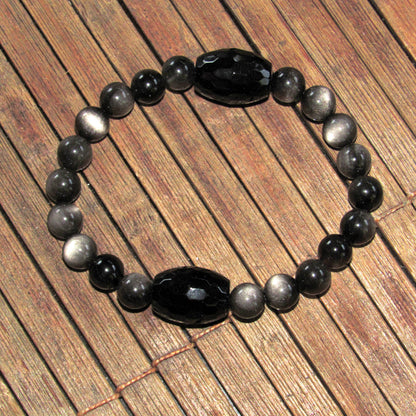 Chunky Black Onyx and Silver Obsidian Gemstone Stretch Bracelet