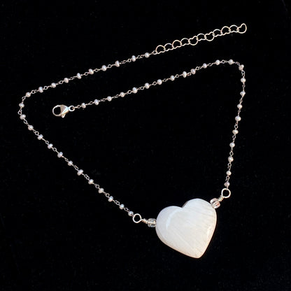 Scolecite gemstone Heart on Sterling Silver Wrapped Fresh Water Pearl Chain Necklace