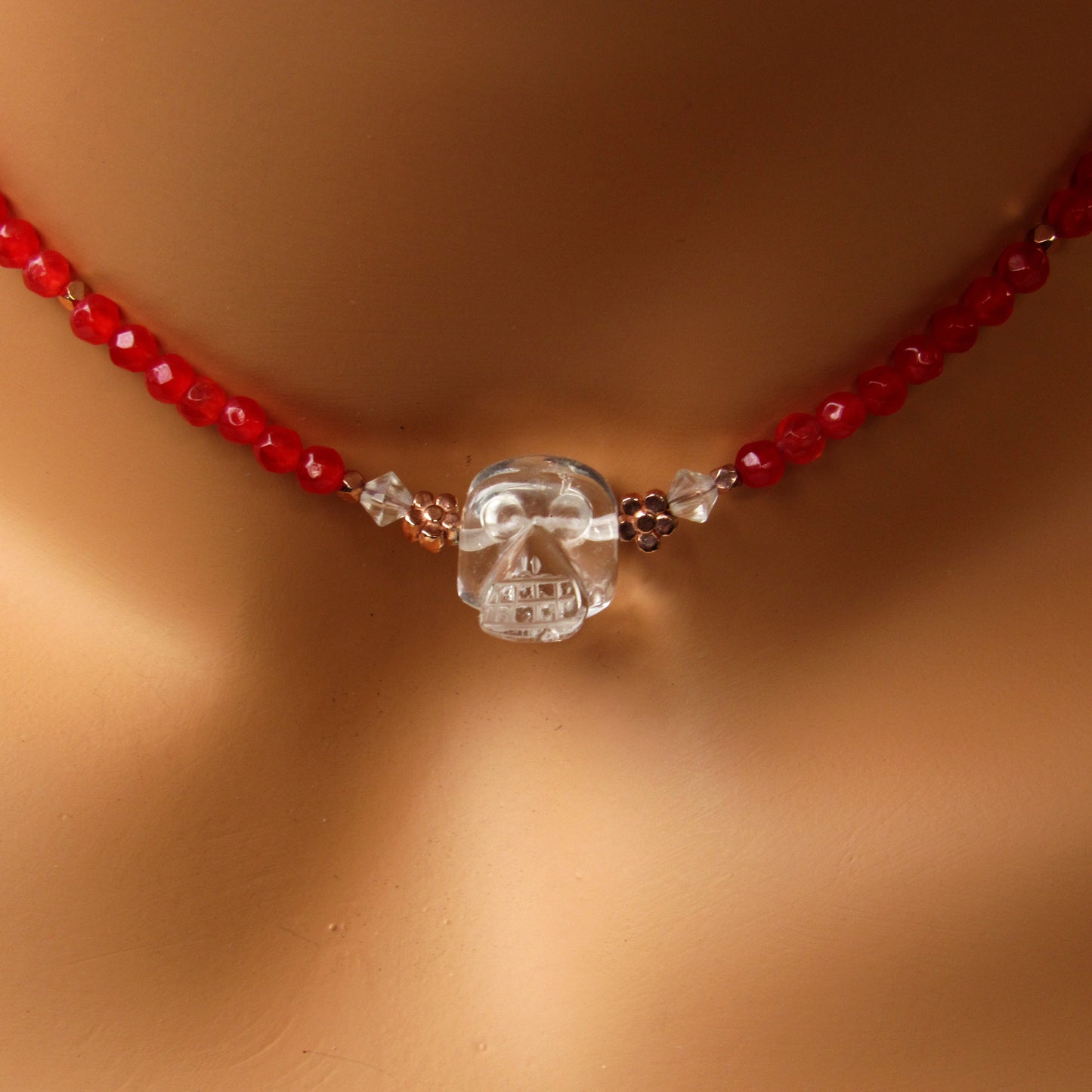 Red agate gemstones, Clear Quartz,  18 kt Rose gold vermeil over sterling silver flowers beaded choker