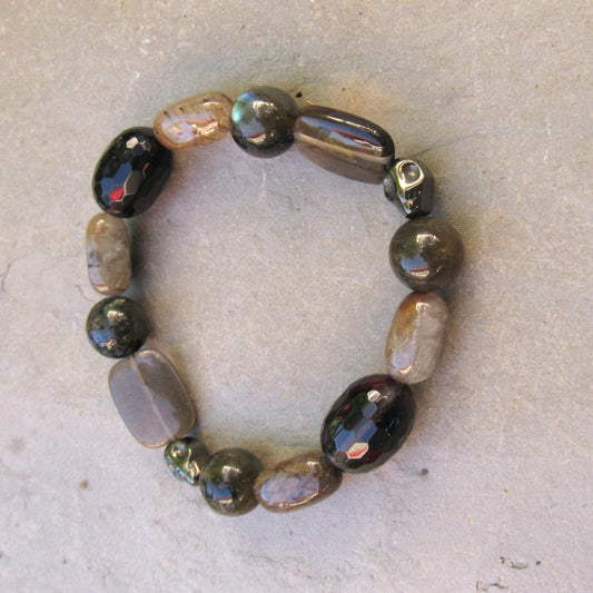 Men’s Smokey Topaz, Rutilated Quartz, Hematite Skull, Black Labradorite Stretch Bracelet