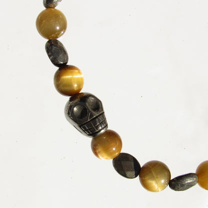 Tiger Eye gemstone and Pyrite skull beaded stretch bracelet