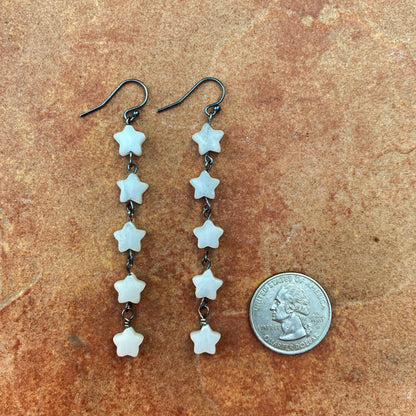 Quartz stars and oxidized Sterling silver long drop earrings