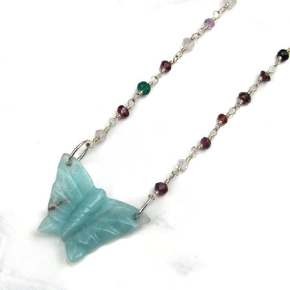 Amazonite gemstone Butterfly on Wrapped Sterling Silver and Mixed gemstones Choker