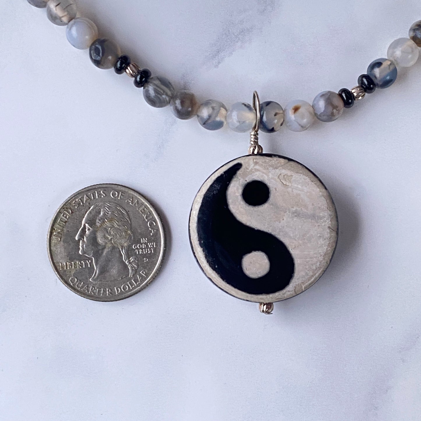 Onyx and Tibetan Agate gemstone Yin Yang Necklace