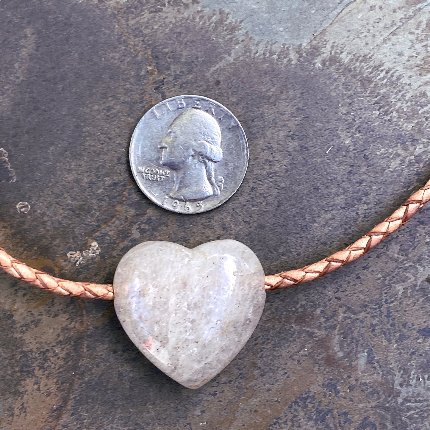 Quartz gemstone Heart on Braided Leather with Brass Clasp and Chain