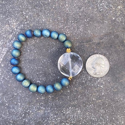 Clear Quartz Gemstone and Druzy Agate  7" stretch Bracelets