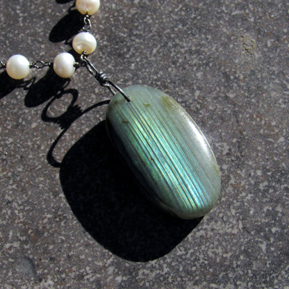 Freshwater Pearls, Oxidized Sterling Silver, and Fire Labradorite Necklace