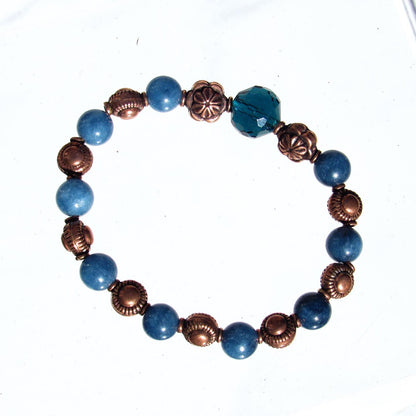 Blue Tourmaline gemstone and Copper Beaded Stretch Bracelet