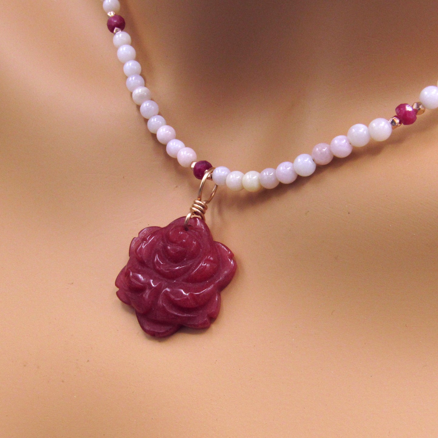 Red Agate Gemstone Flower w/ Pink Opals and Rubies and 14 kt Rose GF Necklace