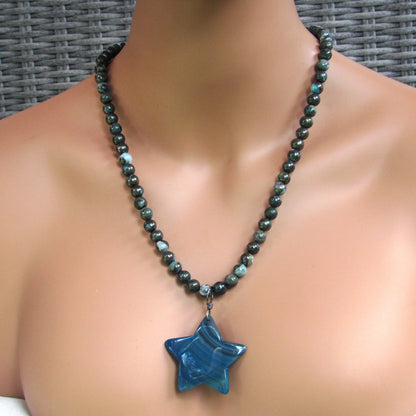 Blue Agate Star, Hand Wrapped w/ Oxidized Sterling Silver, On Blue Pyrite Necklace