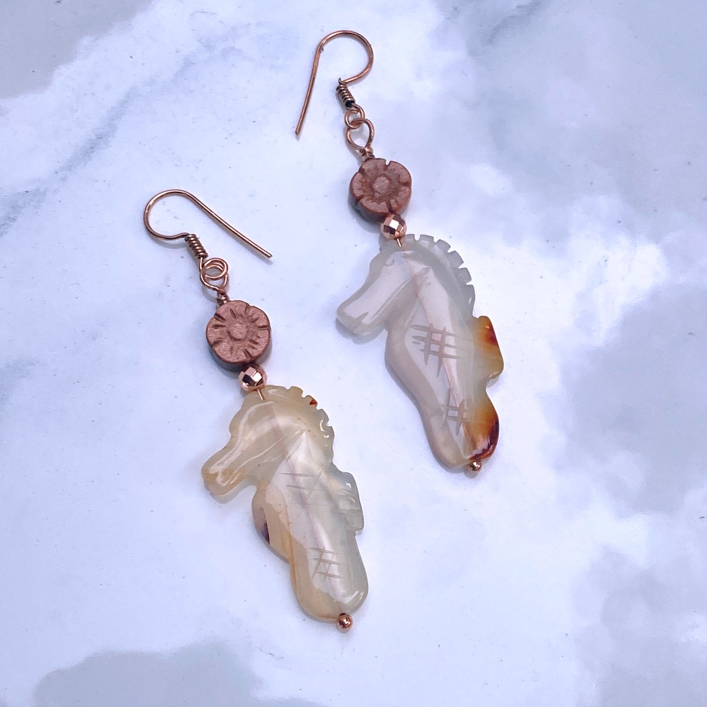 Red Agate gemstone SeaHorse, Goldstone, and Genuine Copper Drop Earrings